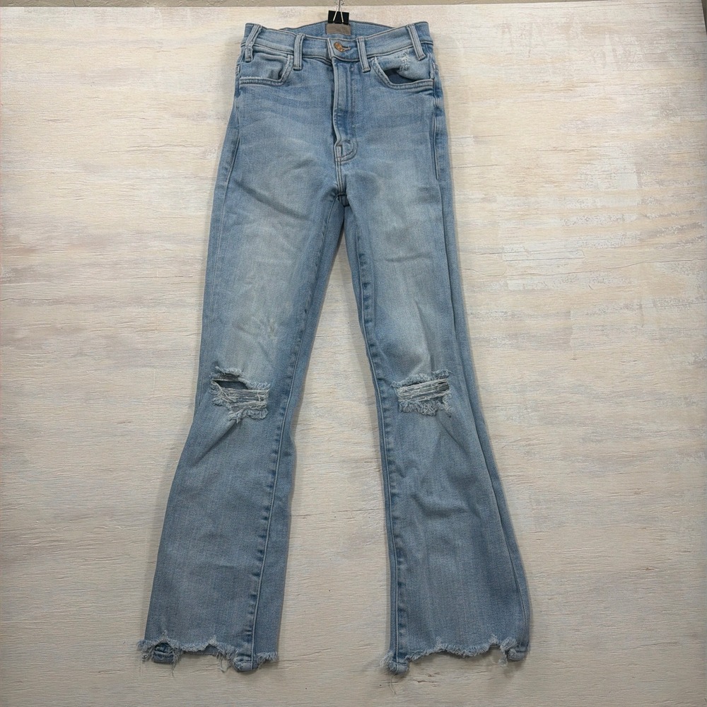 Mother Jeans The Hustler Ankle Chew 24 Distressed Step Hem Light Blue Women
